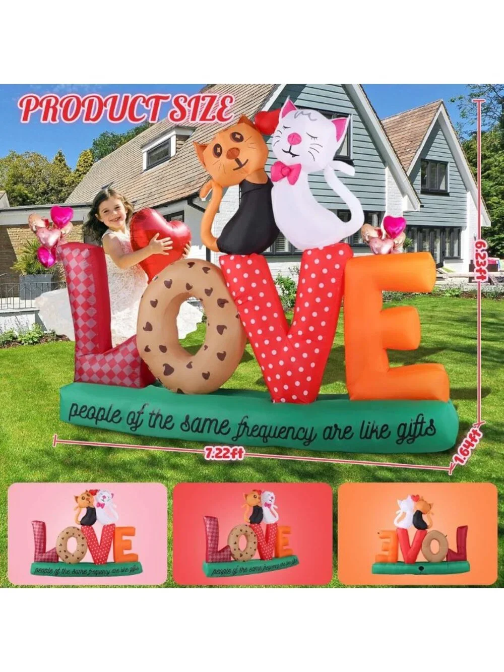 7.2ft Valentine's Day Inflatables - Love Letters & Cuddling Cats, LED Yard Decor